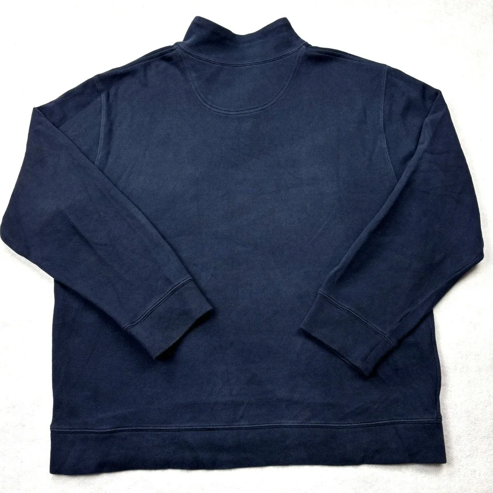 Lands End Mens XL Navy Blue‎ Cotton Quarter Zip Pullover Sweater Burgundy Trim